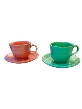 Vintage Fiestaware Cup & Saucer Set Fiesta Rose Coral & Sea foam Green USA